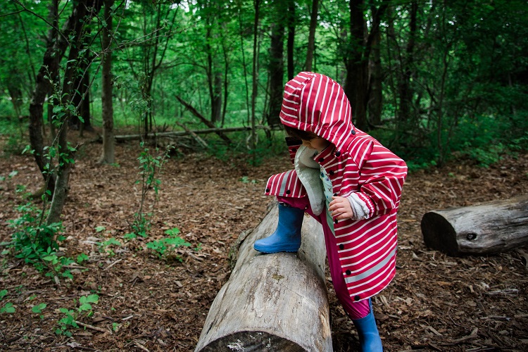 Child stepping over log