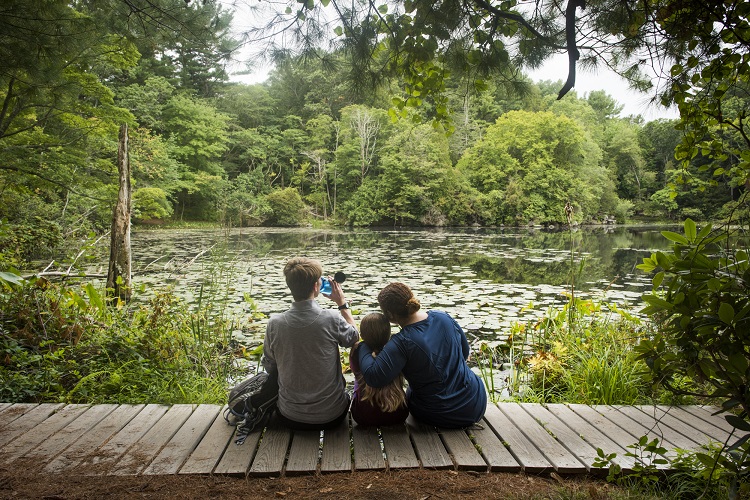 Father, daughter, and mother sitting on a boardwalk, the backs toward the camera, looking out at pond. Dad is drinking from a water bottle. Mom is hugging daughter.